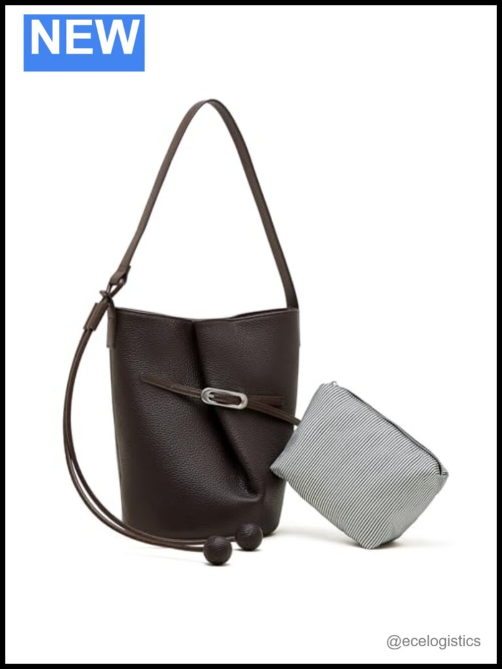 Genuine Leather Bucket Bag with Removable Pouch, Magnetic Snap